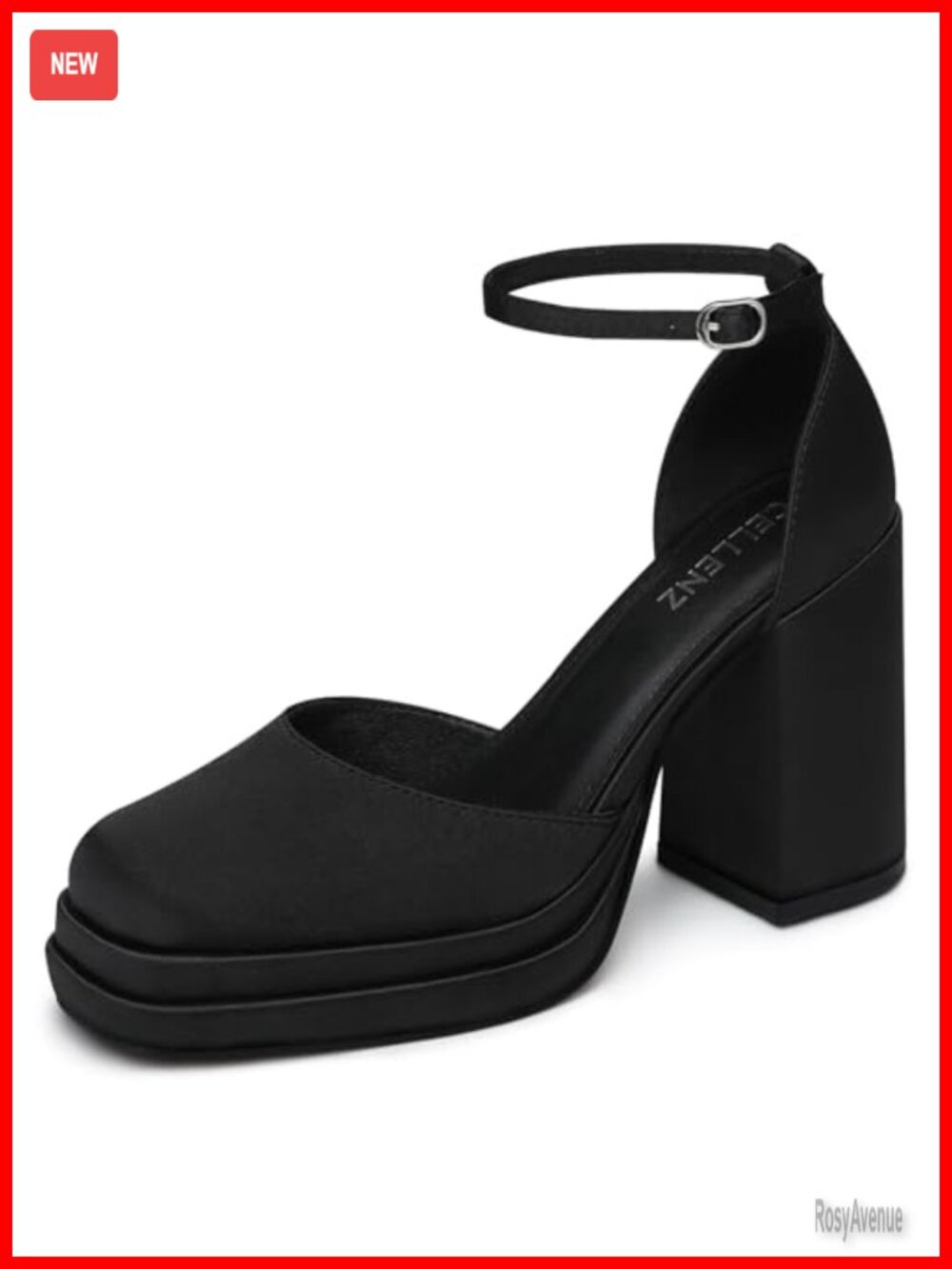 Women's Chunky High Heels Platform Dress Pumps Square Toe Ankle Strap Satin Pump